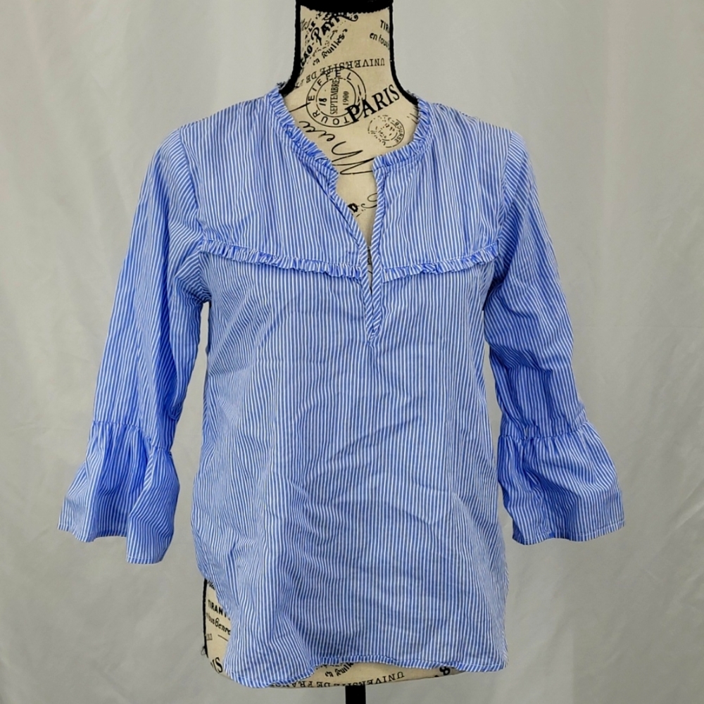 {Rebellion} Blue and white Striped top Bell sleeves beachy relaxed